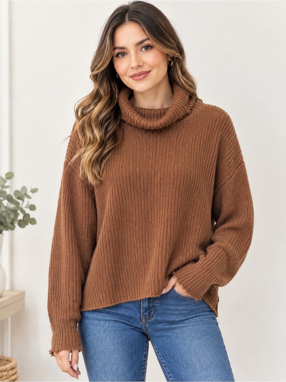 Pistola Ribbed Cowl Turtleneck Distressed Sweater - Brown Size Medium Oversized